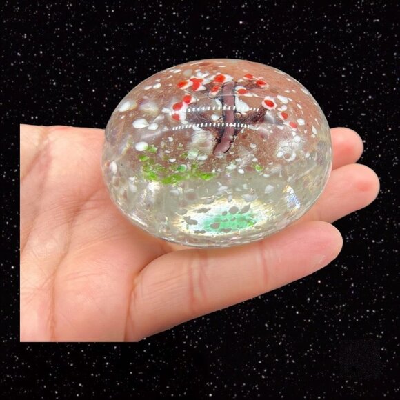 Vintage Art Glass Paperweight Cherry Tree w White Dots Round Sphere Glass 2.5”W - Picture 8 of 12